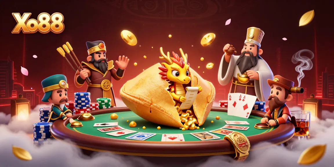 Xo88 showcases a fantastical 3D scene of a golden fortune cookie with a wise dragon and casino elements, highlighting thrilling bets.