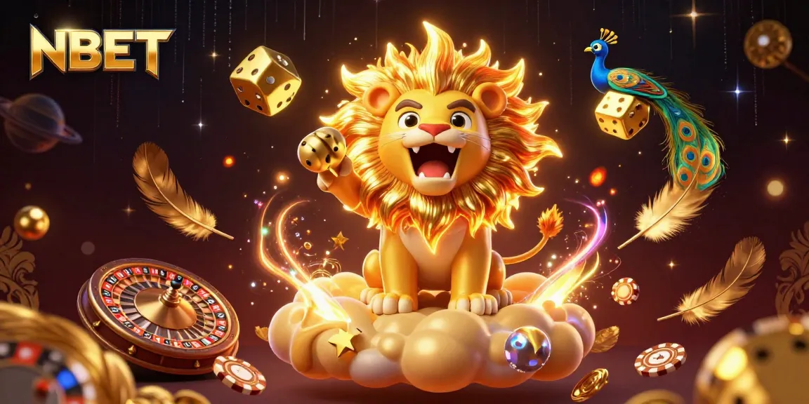 Experience thrilling casino action with NBET in a vibrant and dynamic illustration featuring 3D characters and game elements.