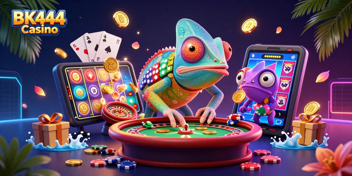 Experience the thrill of BK444 Casino with vibrant games, impressive odds, and a colorful chameleon mascot!