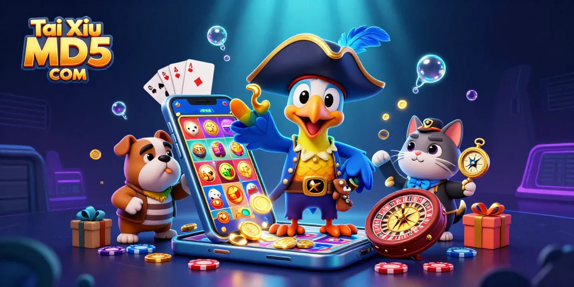 Engage with Tài Xỉu MD5 COM through thrilling gaming scenes featuring vibrant 3D characters and casino elements.