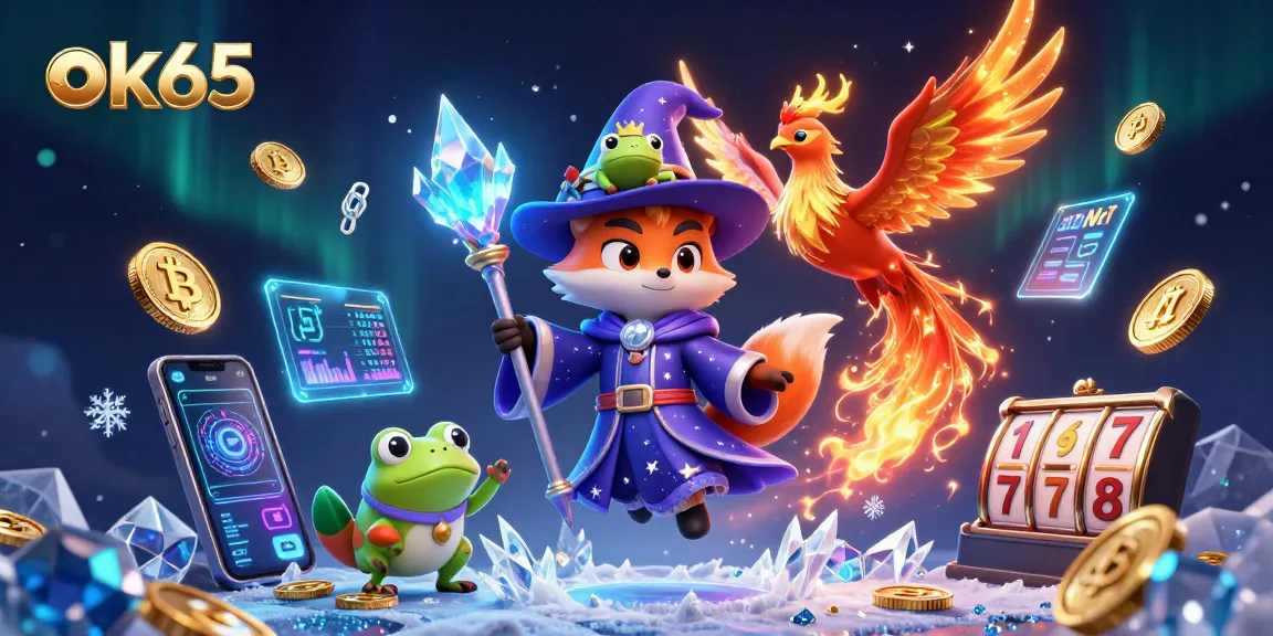 Experience the excitement of ok65 with vibrant slot reels and crypto elements in this captivating casino art.
