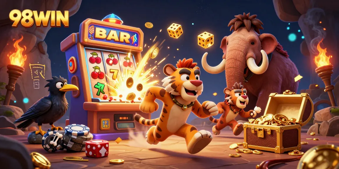 Experience thrilling wins at 98WIN with an exciting prehistoric casino scene.
