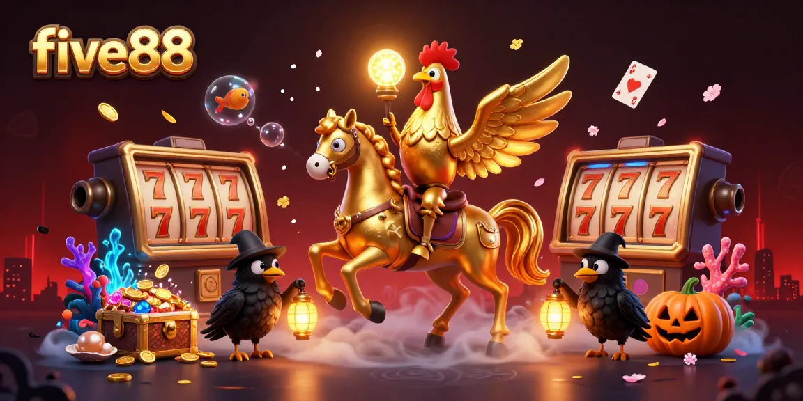 Immerse in the vibrant five88 casino realm with a golden rooster amidst dynamic slot elements.