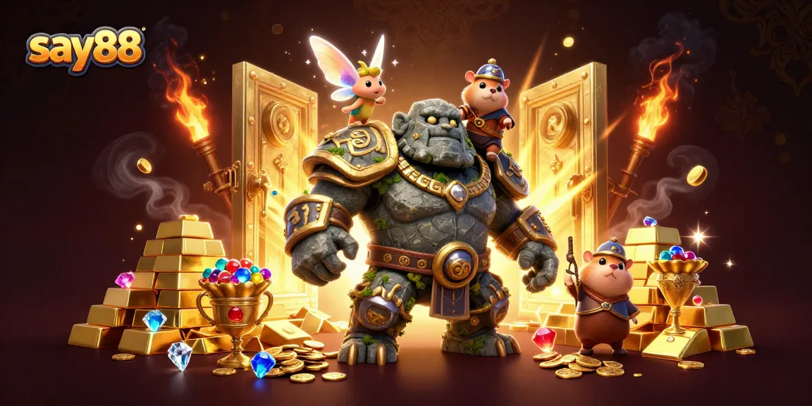 Experience excitement with say88's vibrant illustration of a magical casino adventure with treasure.