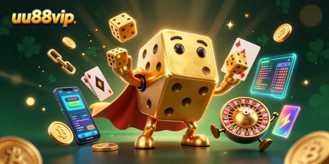 Experience thrilling gameplay with uu88vip in a vibrant casino scene filled with golden dice and cryptocurrency.