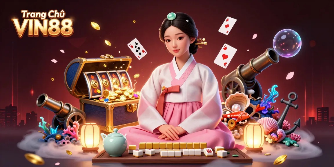Experience thrilling action with Trang Chủ VIN88 as the captivating Asian woman presents iconic gaming elements in a rich, vibrant casino scene.