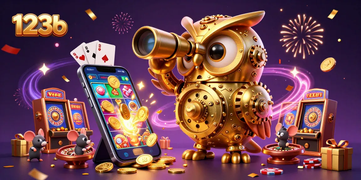 Engage in thrilling gameplay at 123b with a golden owl overseeing vibrant slot machines.