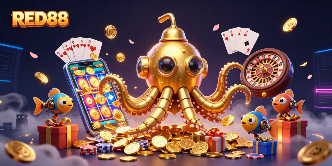 Engage in the thrill of gaming with RED88, featuring a vibrant illustration of golden kraken, coins, and casino elements.
