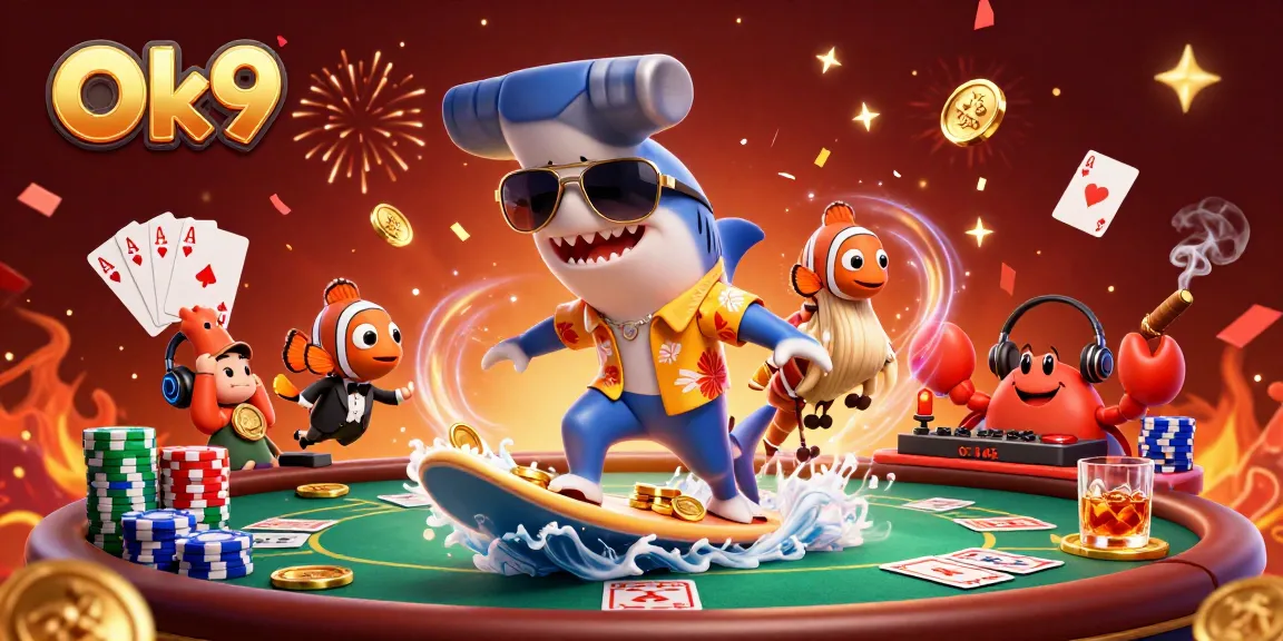 Experience thrilling wins at Ok9 with a vibrant casino scene featuring a hammer-head shark!
