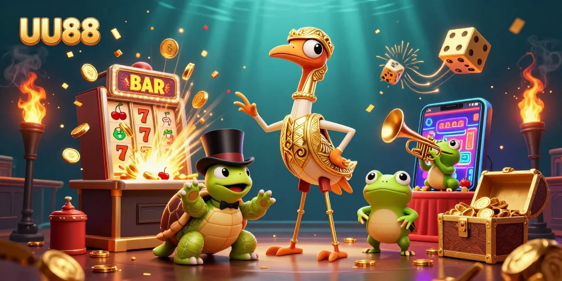 Experience UU88's thrilling casino atmosphere with a vibrant 3D scene showcasing colorful gaming elements and lively characters.