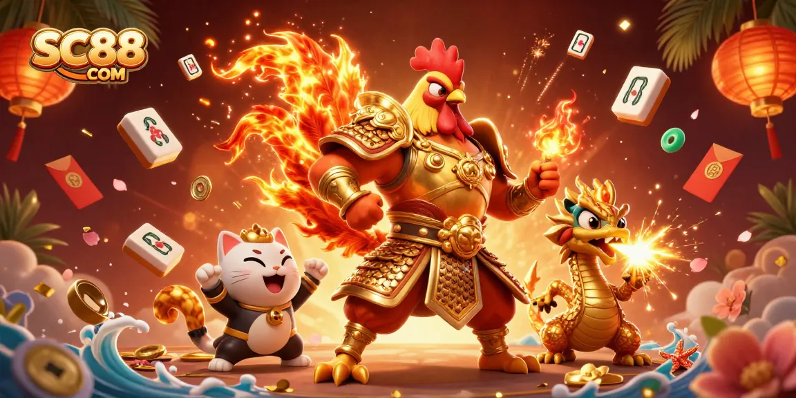 Experience thrilling action at SC88 COM with a fighting rooster and dragon in a vibrant casino scene.