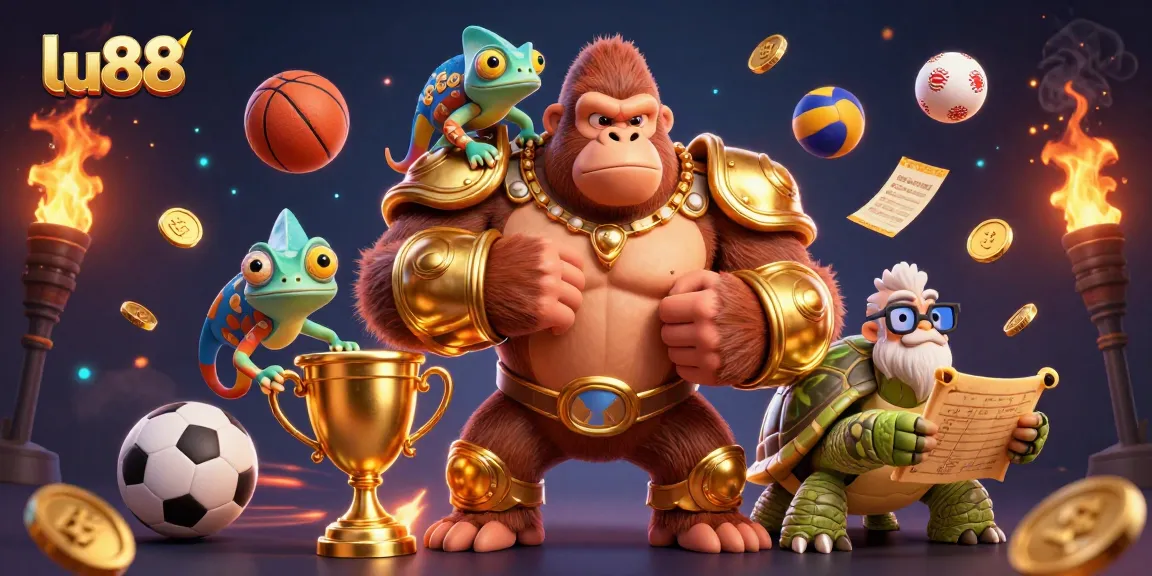 lu88 gaming illustration featuring a powerful gorilla king, chameleon, and tortoise with gambling elements