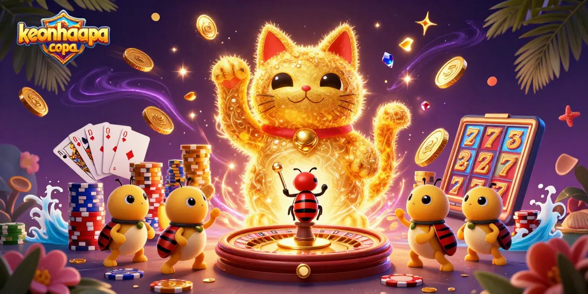 Engage in thrilling casino action with keonhacaicopa's dynamic golden fireflies and lucky cat illustration.
