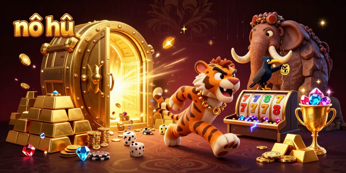 Nổ hũ highlights thrilling gameplay with a 3D casino scene featuring cavemen, treasures, and jackpots.