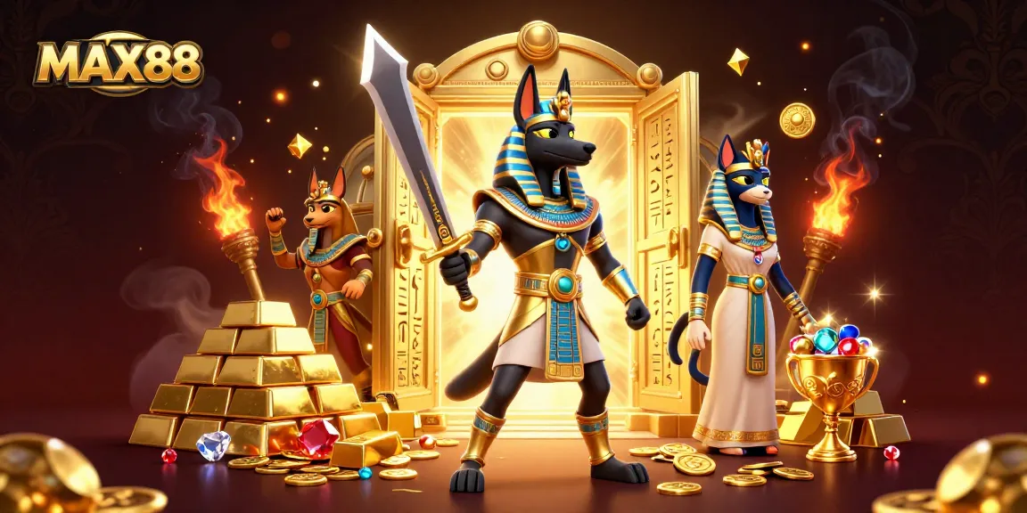 Experience MAX88 casino excitement with Anubis and Bastet in a treasure-filled scene.