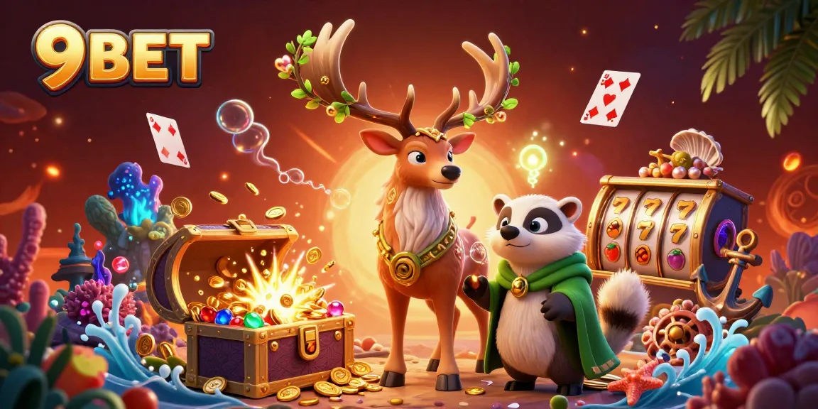 Engage with exhilarating 9BET casino adventures as cartoon characters celebrate amidst vibrant gaming elements.