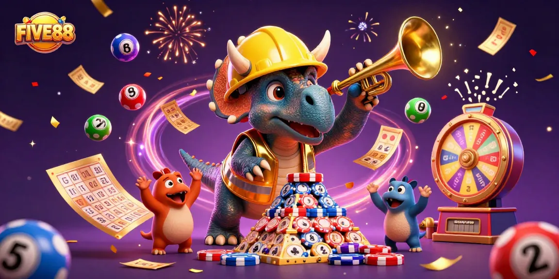 FIVE88 engages players with a vibrant casino-themed illustration featuring colorful game elements and characters.