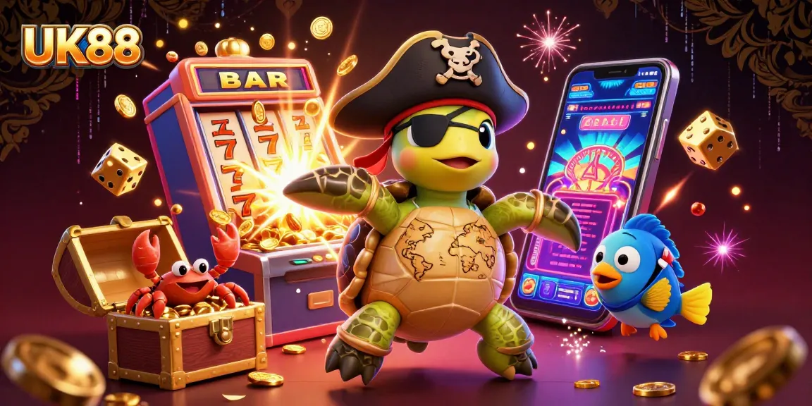 Experience thrilling wins with UK88's cartoon pirate-themed 3D casino illustration filled with gold and jackpot excitement.