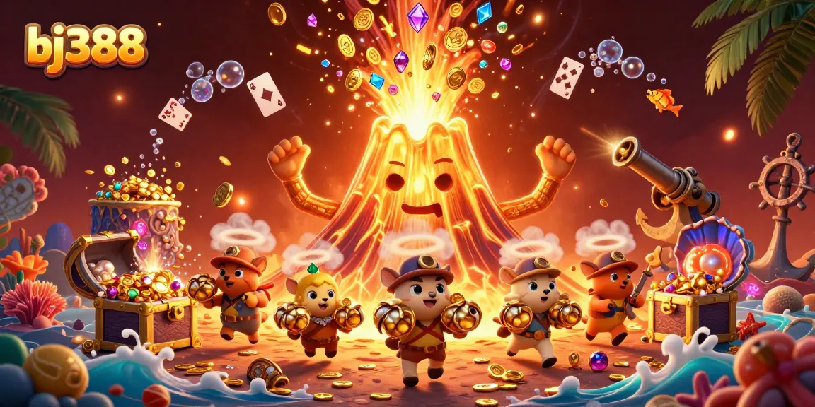 Experience winning moments at bj388 with a lively illustration of a golden volcano erupting treasures.