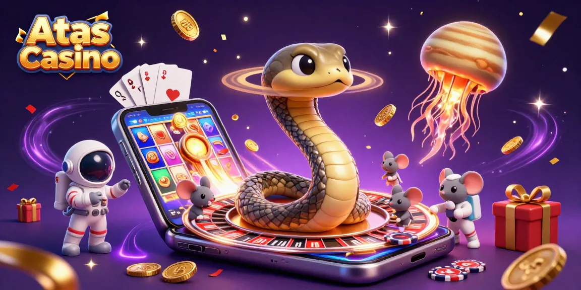 Engage in thrilling gameplay at Atas Casino featuring a cosmic roulette, shown with vibrant slot games and coins.