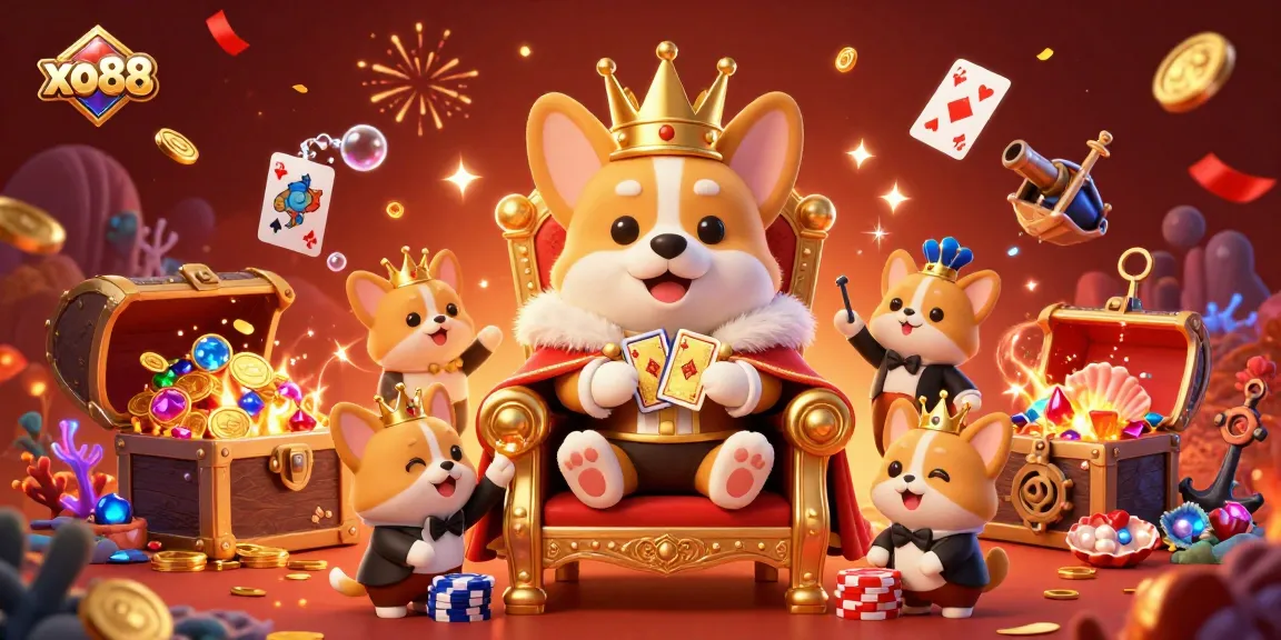 Experience the excitement of xo88 with a royal corgi throne surrounded by fun casino elements in a vibrant underwater scene.