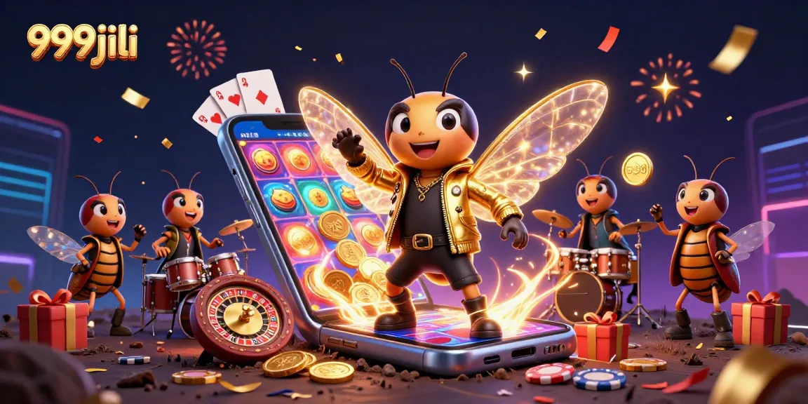 Spin to win on 999jili with a vibrant scene featuring a cicada rock star and exciting casino elements.