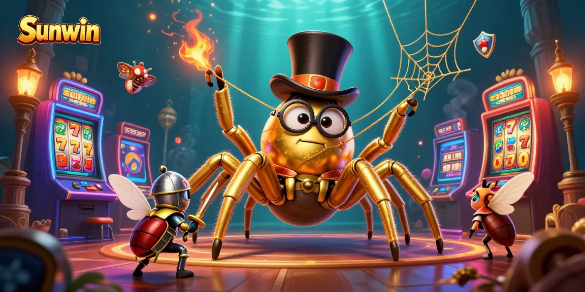 Experiencing the thrill of Sunwin slots with a giant golden tarantula, brave beetle knight, and colorful game machines.