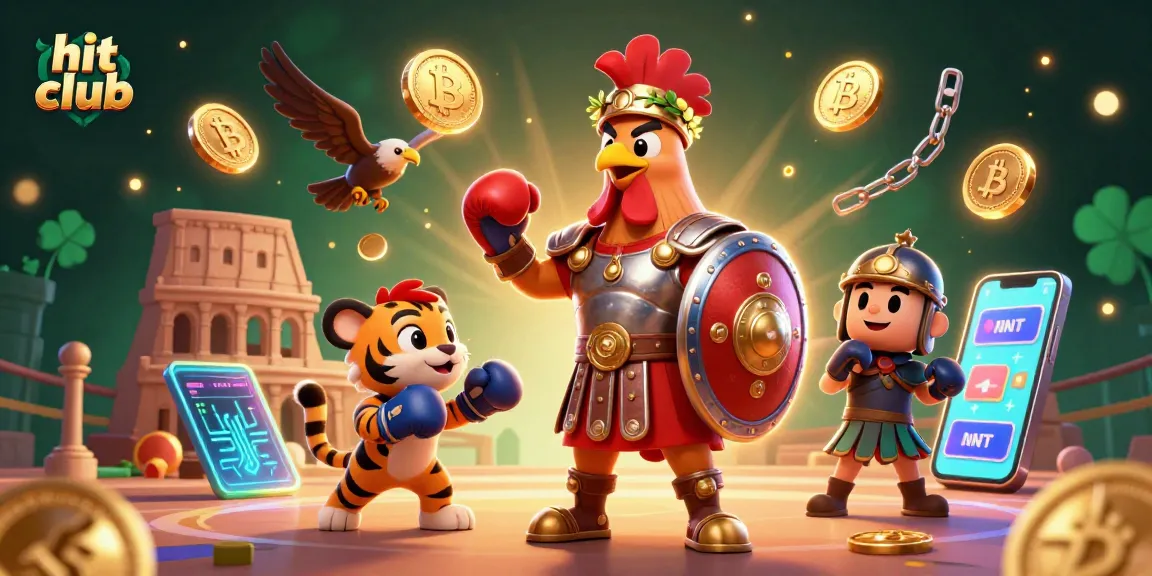 Engage with the thrilling hit club scene featuring a gladiator rooster, tiger cub, and crypto elements.