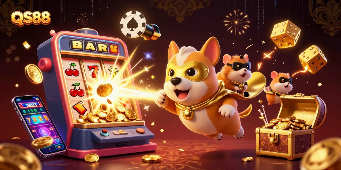 Experience the excitement of QS88 with a vibrant superhero scene full of casino action, gold coins, and jackpots.
