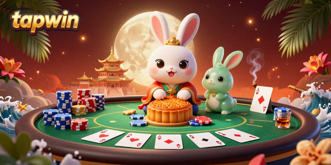 Experience tapwin's gaming night with a captivating moon rabbit scene filled with poker chips and lunar delights.