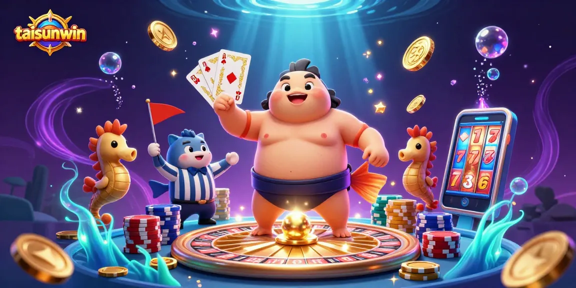 Experience the exciting features of taisunwin with vibrant casino-themed illustrations of underwater gaming elements.