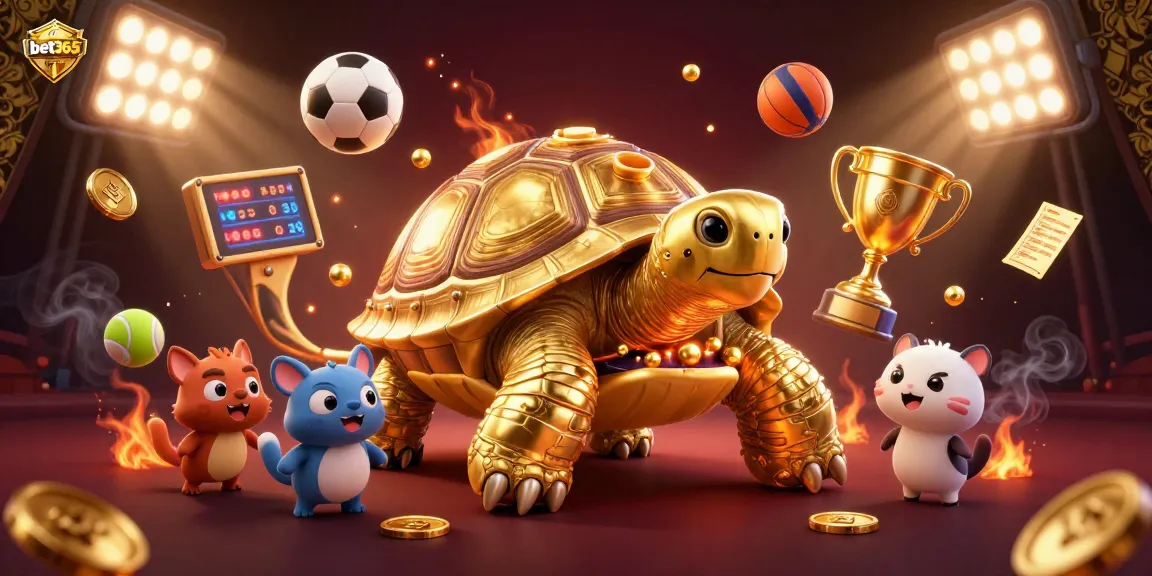 Experience vibrant sports action with bet365, featuring a colossal tortoise as a pinball machine amidst flying sports balls.