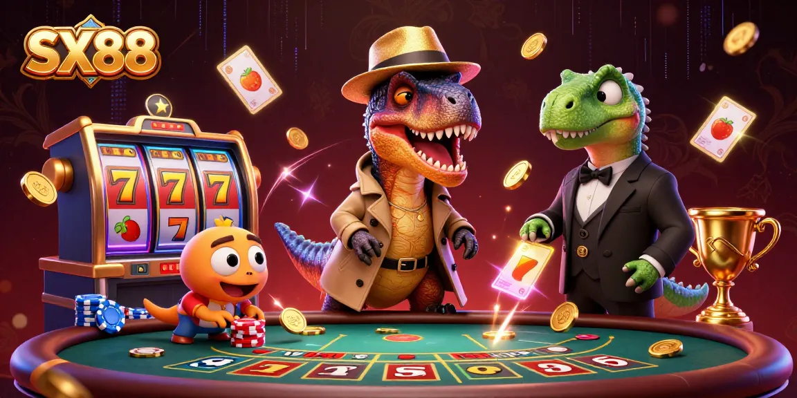 SX88 offers exciting casino action with unique characters like a velociraptor card counter at a blackjack table.