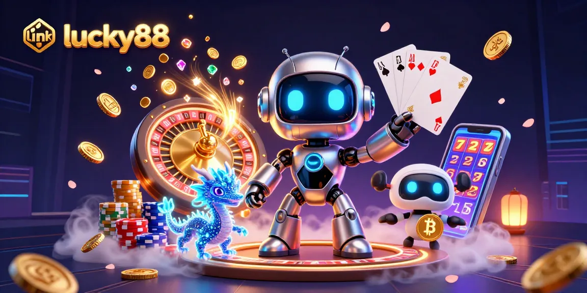 Engage with link lucky88 as a vibrant cyberpunk robot and AI dragon interact amidst captivating casino elements.