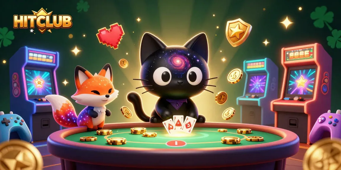 Experience HITCLUB with a cosmic casino scene featuring a black hole cat and colorful gaming elements.