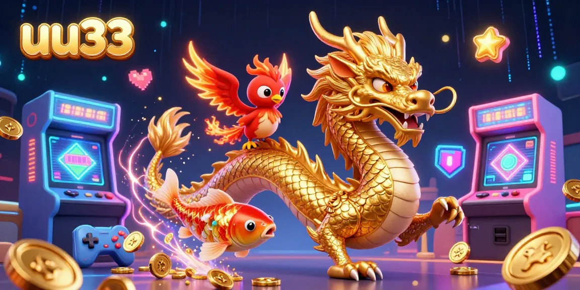Engage with the vibrant world of uu33 as a golden dragon, phoenix, and koi fish soar through a casino-themed gaming scene.