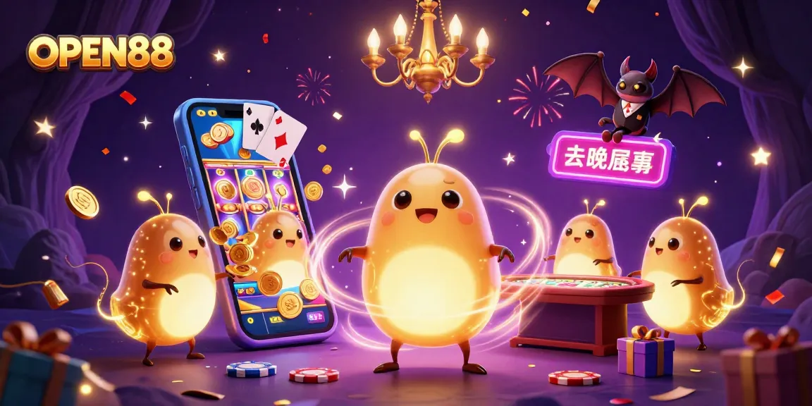 Spin vibrant slot games at OPEN88 in a dazzling animated casino scene with glowworms and a bat dealer.