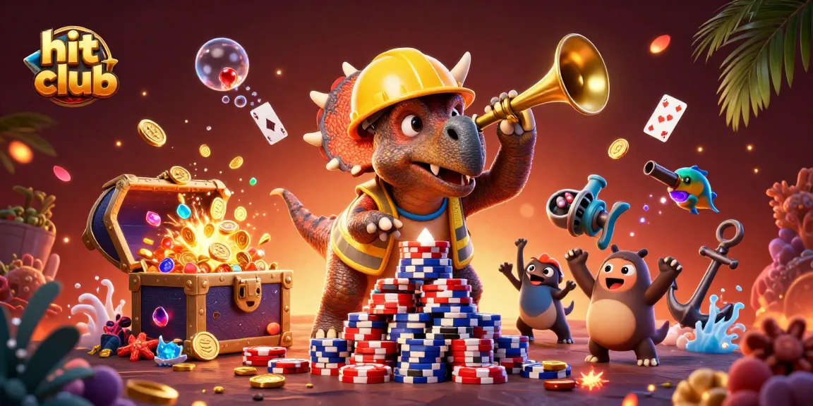 Reveal the excitement at hit club with a vibrant 3D casino scene featuring playful characters and glowing treasures.