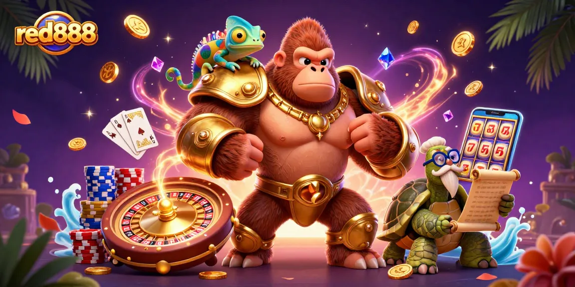 Gamble big with red888 as a powerful gorilla king and companions showcase casino excitement.