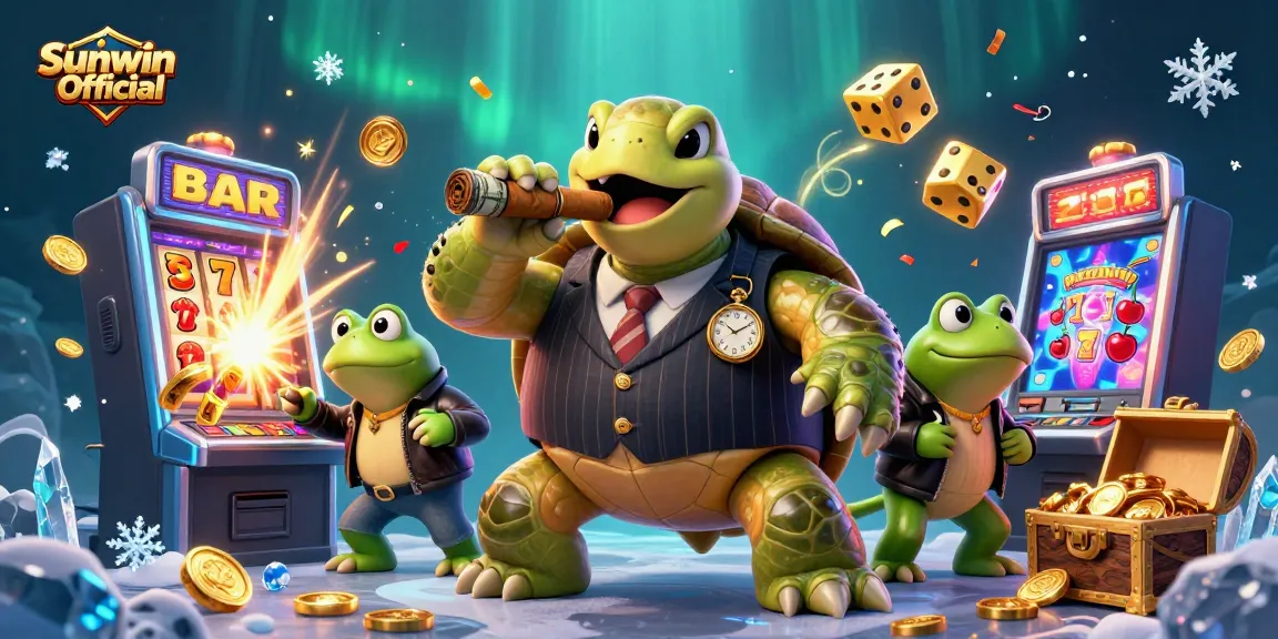 Win big at Sunwin Official with a massive turtle in a casino scene filled with slots and jackpots!