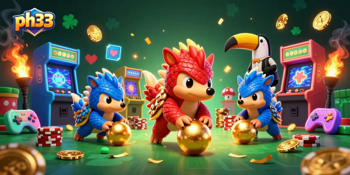 Engage with ph33 through colorful 3D casino games featuring rival pangolins in action.