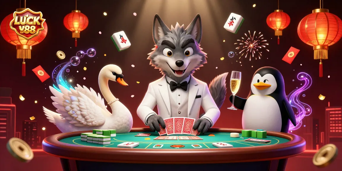 View LUCKY88 depicting a debonair wolf at a baccarat table with vibrant casino elements.