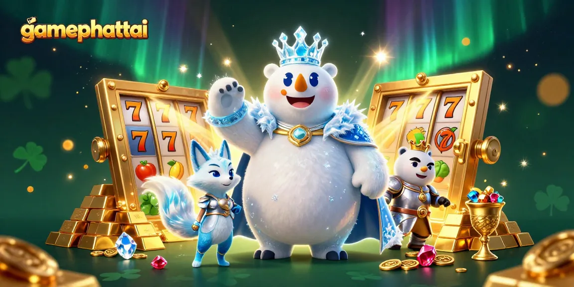 Spin to win with gamephattai, showcasing the ice king polar bear and his fox ally in a dazzling treasure scene.