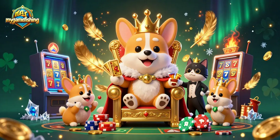 Engage with mygamefishing while winning on slots with a royal corgi and cat butler in a vibrant scene.