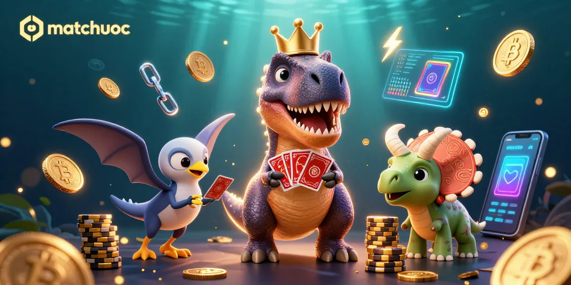Join the matchuoc T-Rex as it shuffles cards at a vibrant cryptocurrency gaming scene.