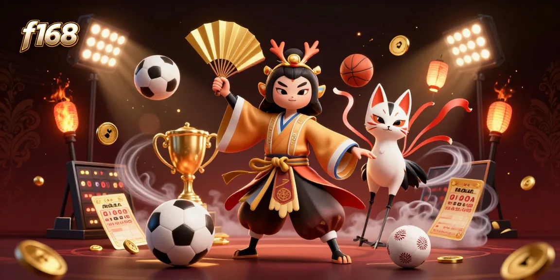 Engage with f168's dynamic visuals, featuring a kabuki crane warrior and sports elements in action.