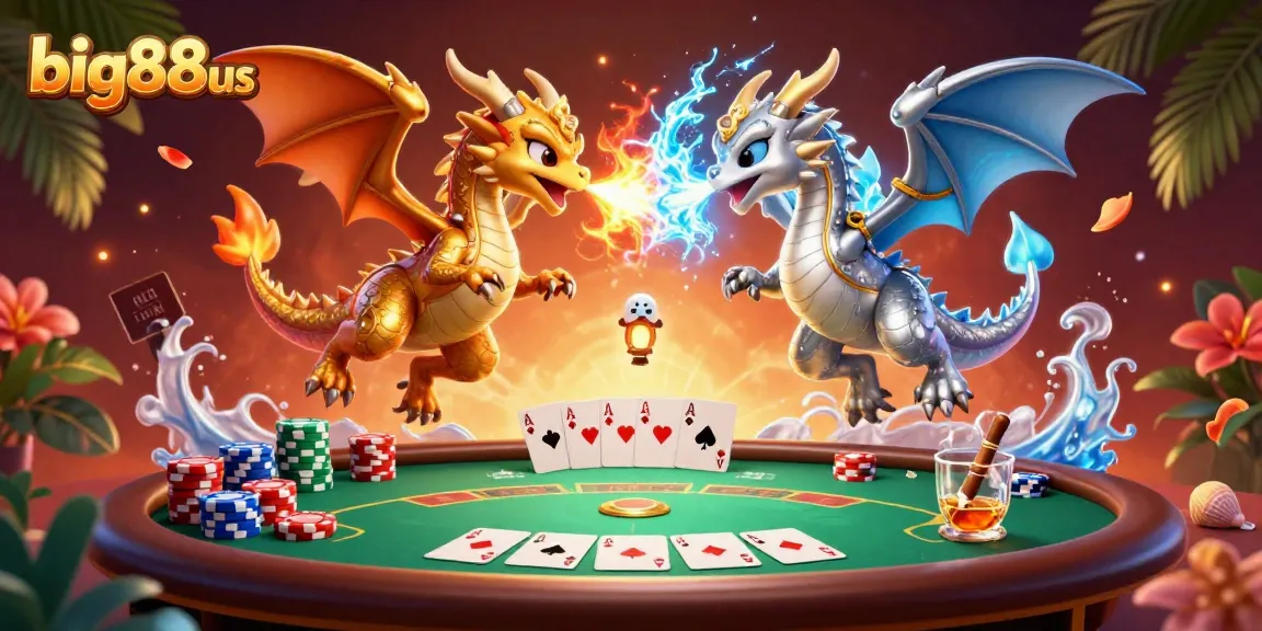 Engage with big88us at the exciting poker table, featuring gold and silver dragons breathing fire and ice.