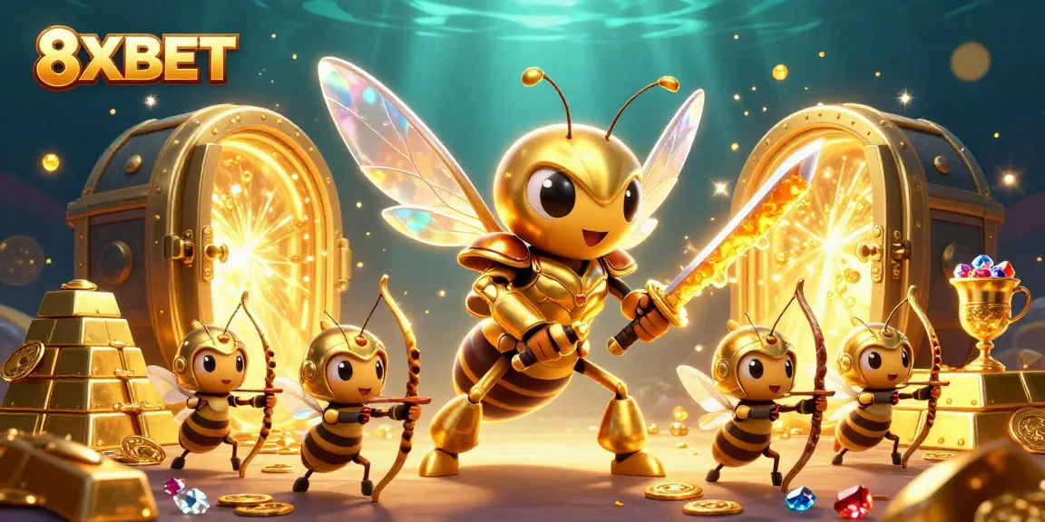 Experience winning with 8XBET's vibrant casino adventure showcasing dynamic characters and treasure.