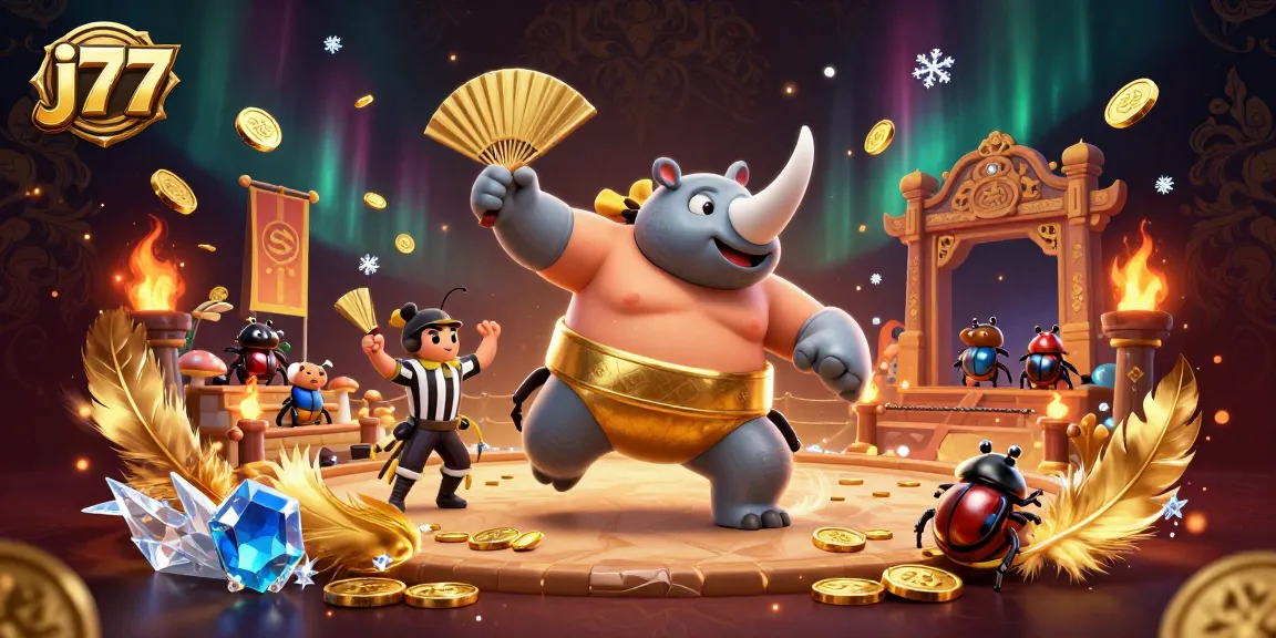 Experience thrilling wins at j77 with an animated championship scene featuring a beetle and cricket in a vibrant casino setting.