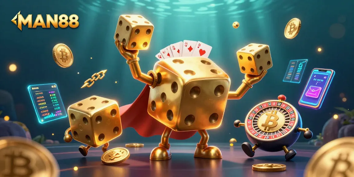 Experience the excitement of MAN88 with vibrant 3D casino characters juggling dice and crypto coins.